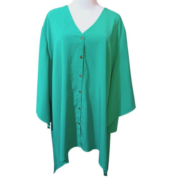 CATHERINES Turquoise Green Blouse Top Plus 3X Flowy Asymmetric Hem V-Neck Career - Picture 9 of 9